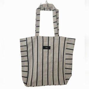 ZARA Packable Foldable Recycled Gray Striped Tote Bag- Size Large